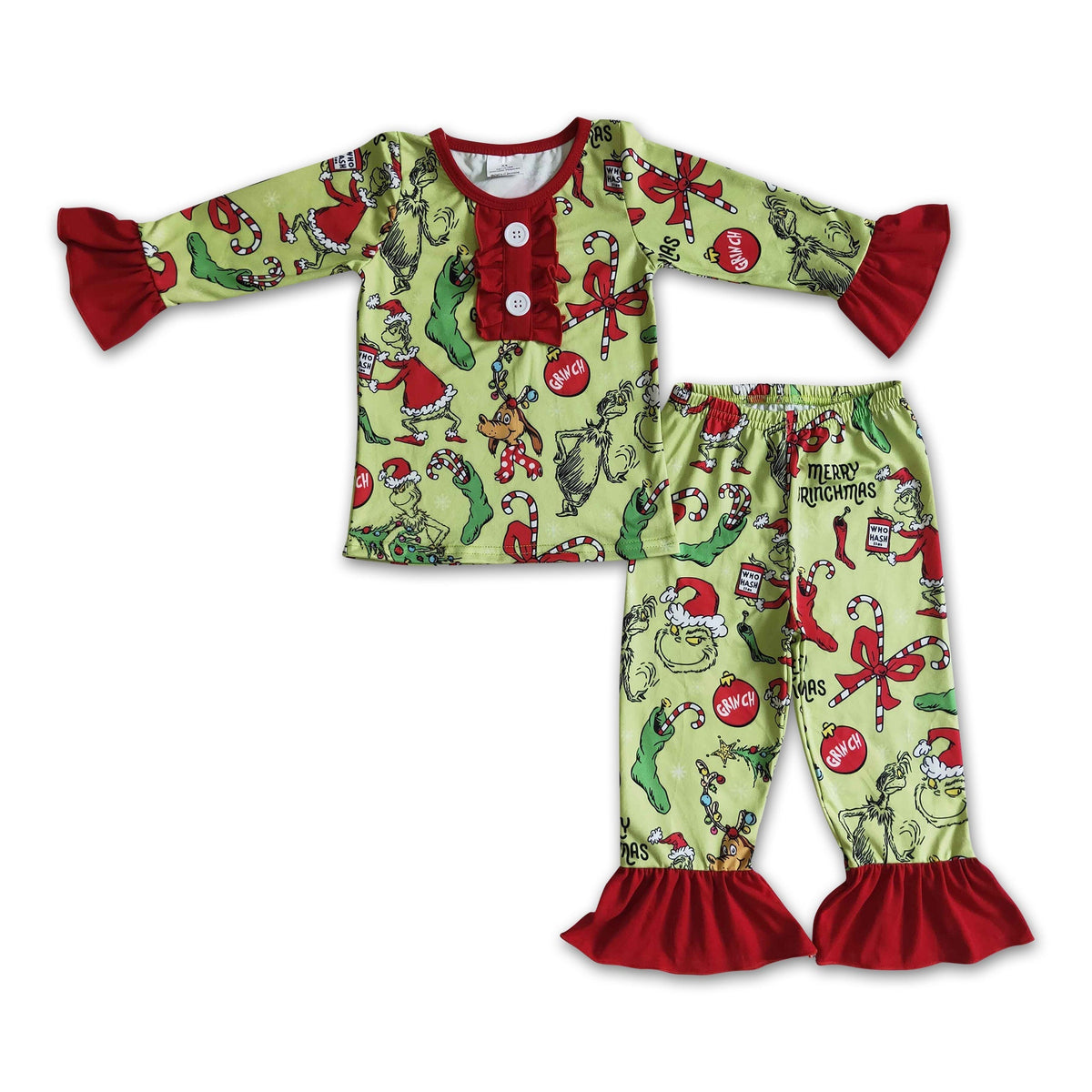 Grinch Themed Pajamas with Red Ruffles