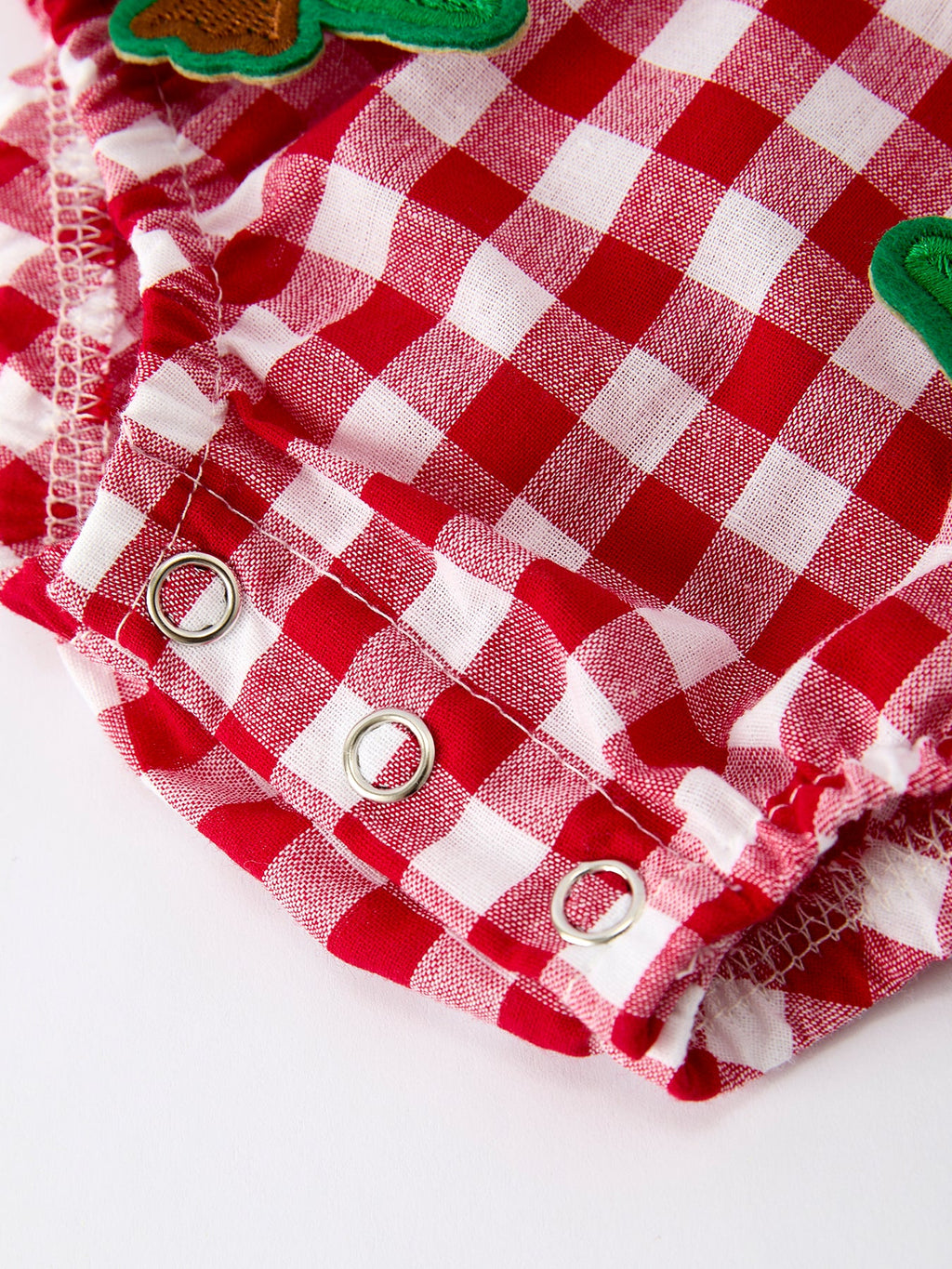 Baby Girls Christmas Outfit – Red Plaid Romper with Tree Bow Accents