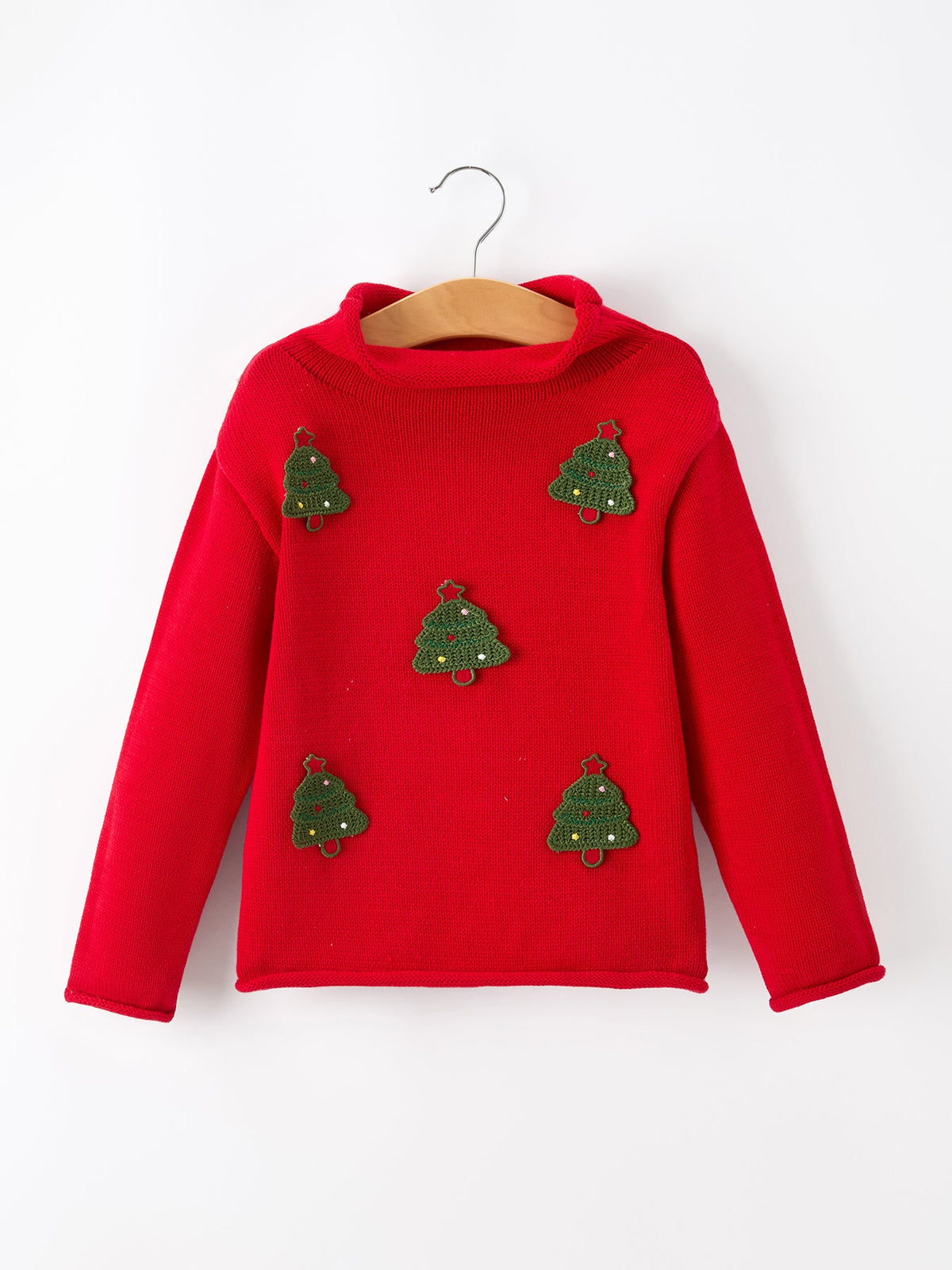 Christmas Red Knit Sweater with Embroidered Tree Appliqué