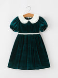 Girls Emerald Green Velvet Lace Collar Christmas Dress