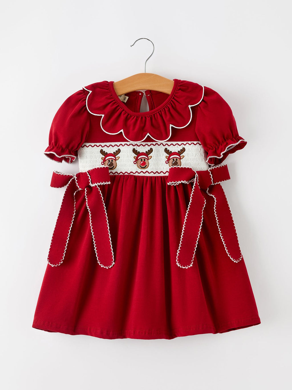 Girls Christmas Reindeer Smocked Red Bow Dress