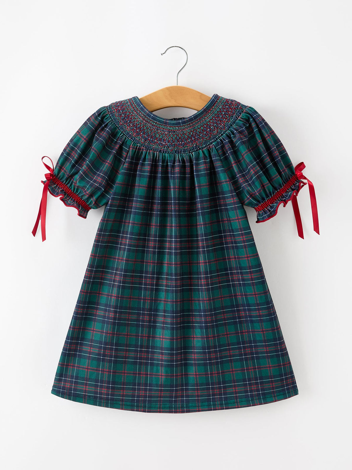 Christmas Girls Plaid Smocked Dress Puff Sleeves