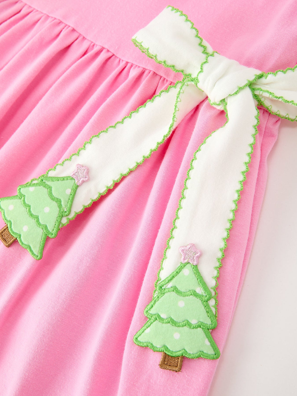 Girls Christmas Pink Bow & Christmas Tree Peter Pan Collar Dress