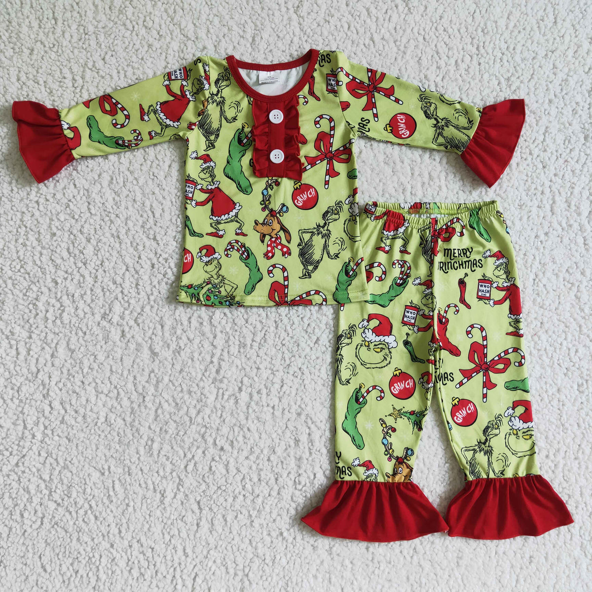 Grinch Themed Pajamas with Red Ruffles